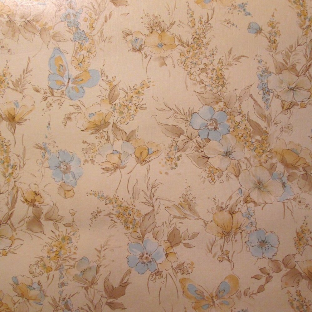 Vintage 1980s Blue and Beige Floral Motif Wallpaper